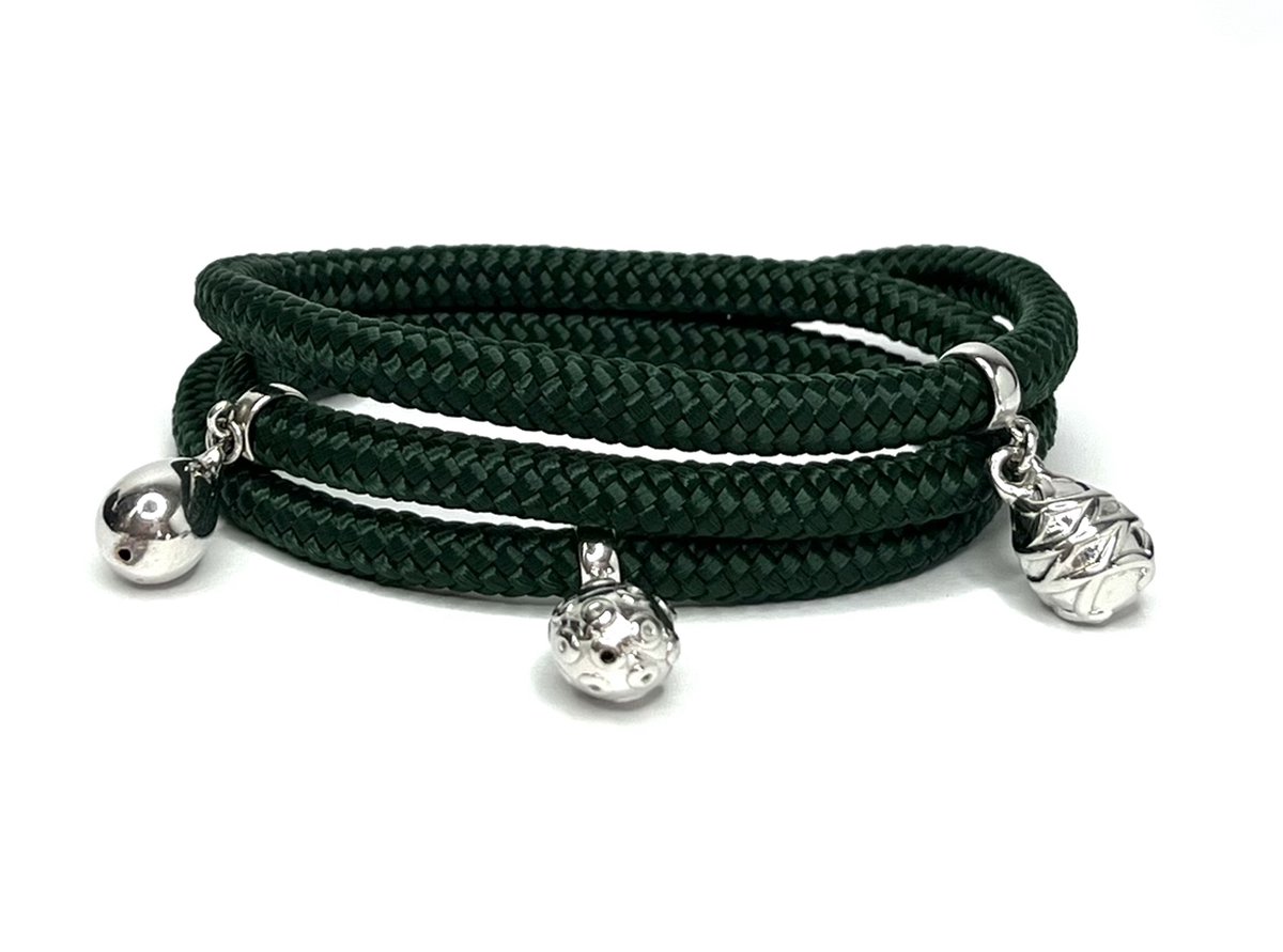 NIEUW - Jolla - dames wikkelarmband - zilver - touw - bedels - Charm Rope Wrap - Groen
