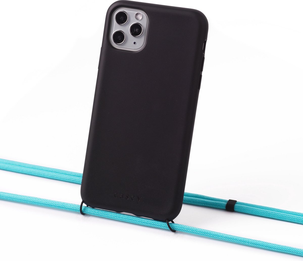 Apple iPhone 13 duurzaam hoesje zwart met koord turquoise