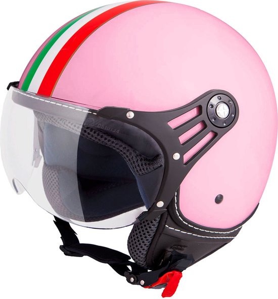 VINZ Trafori Jethelm Roze met Strepen Italiaanse Vlag / Scooterhelm / Brommerhelm / Motorhelm / Fashionhelm voor Scooter / Vespa / Brommer / Motor