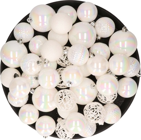Décorations de Noël de Noël Boules de Noël en plastique nacre blanche 4-6 cm paquet de 53x pièces - Décorations Décorations pour sapins de Noël
