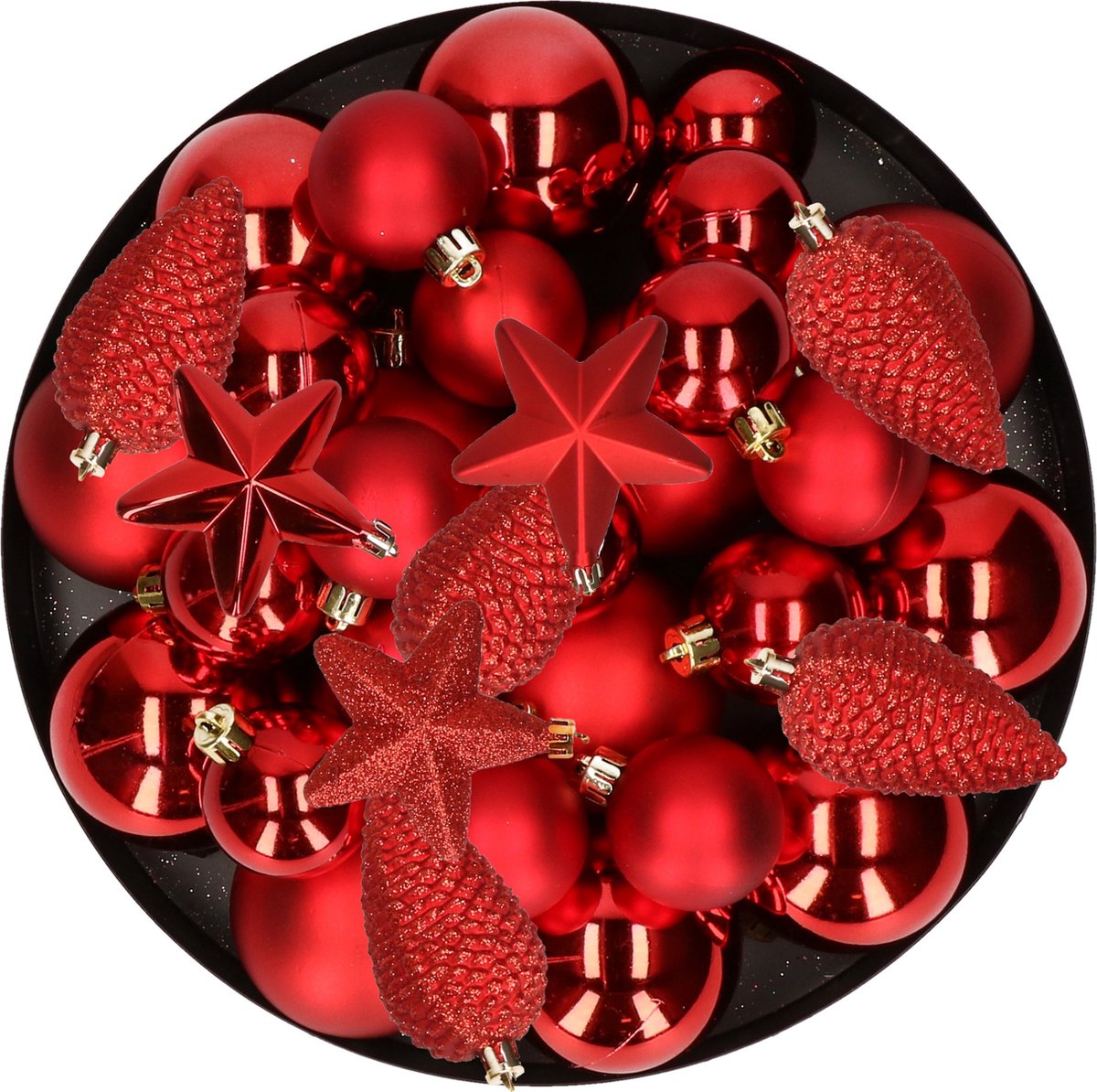 Decoris kerstballen set kunststof rood - 62 stuks - 6-8-10 cm - mix mat en glans - inclusief sterren en dennenappels