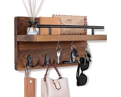 SensaHome - Sleutelhouder 7-Haaks met Legplank en Hangrail - Met Wandhaken - Hangende Design Muurkapstok - Landelijk - Klassiek - Hout SensaHome - Sleutelhouder 7-Haaks met Legplank en Hangrail - Met Wandhaken - Hangende Design Muurkapstok - Landelijk - Klassiek - Hout