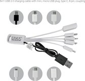 Eaxus - 5 in 1 kabel voor opladen: USB 2.0, mini USB, micro USB, vanaf iPhone 5, USB type C en USB koppeling - Wit