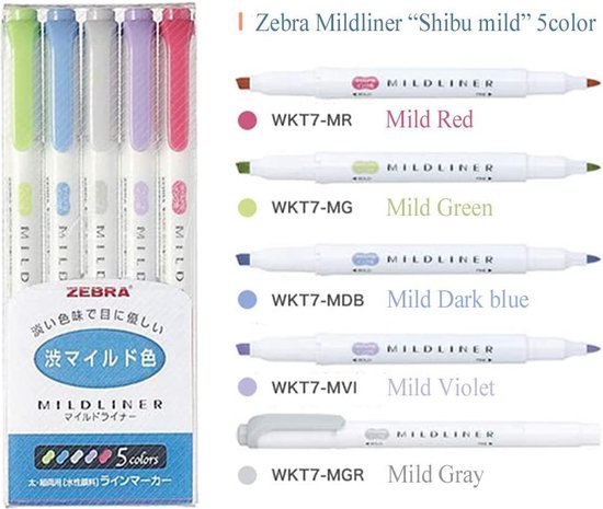 Zebra Mildliner Set : Cool en verfijnd – Dubbele stift – 5 stuks – Bullet journal – Stift