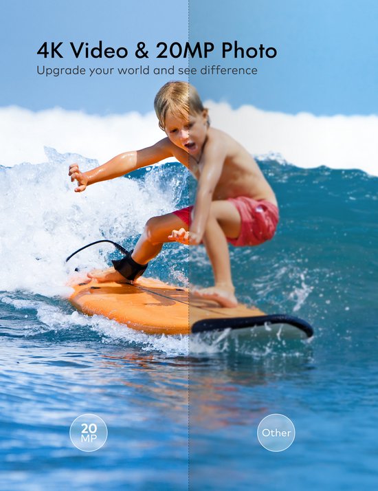 Jongen op surfplank in de golven, vergelijking tussen 4K 20MP en andere camera's.