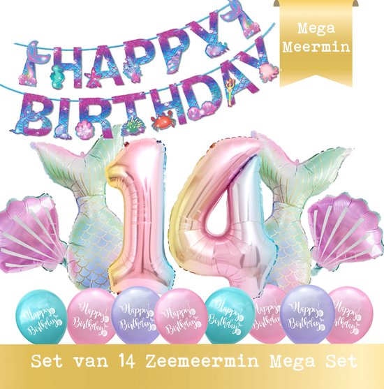 Snoes - Cijfer Folie Ballon - 14 Jaar Ballon - Zeemeermin Mermaid Mega pakket inclusief Slinger - Verjaardag - Meisje - Birthday Girl - Happy Birthday - Verjaardag 14 Jaar