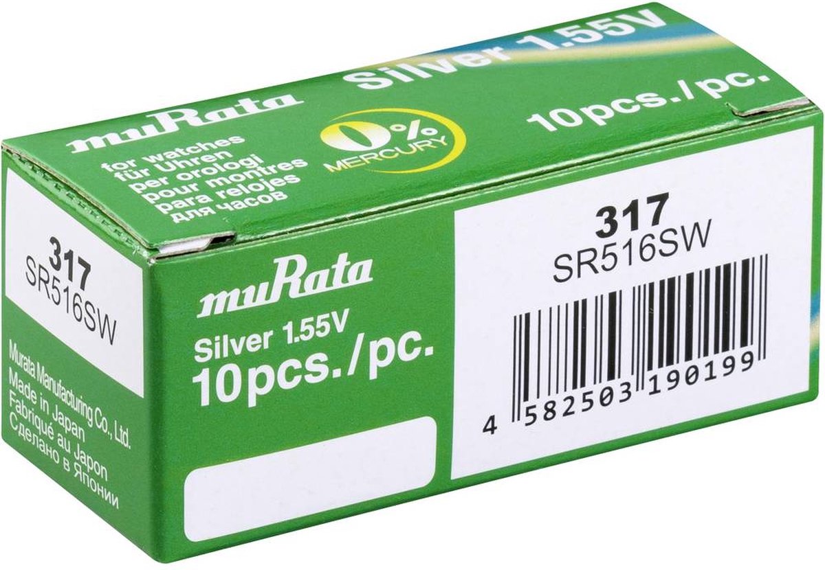 317 Knoopcel Zilveroxide 1.55 V 11.5 mAh Murata SR516SW-PBWW 10 stuk(s)