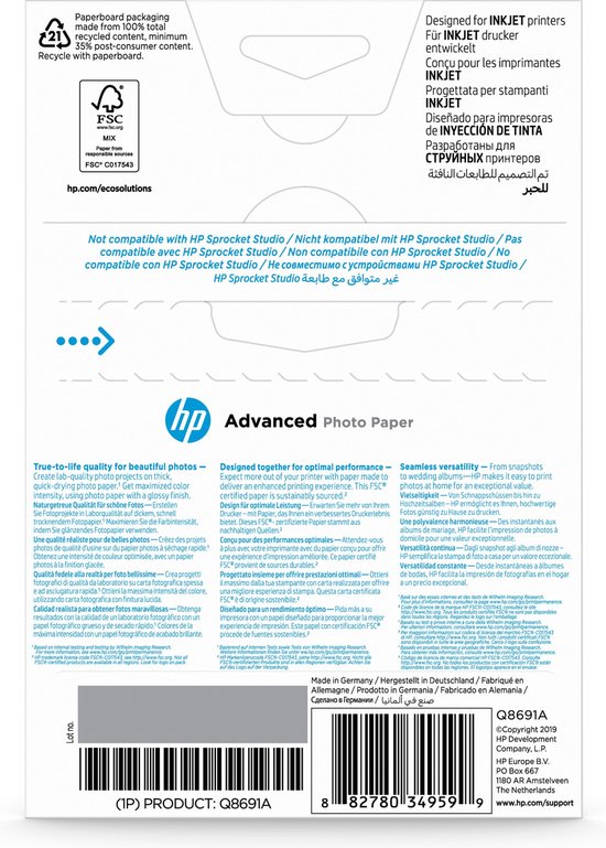 HP - Papier photo brillant - A4 - 250 g/m² - 25 feuilles Pas Cher
