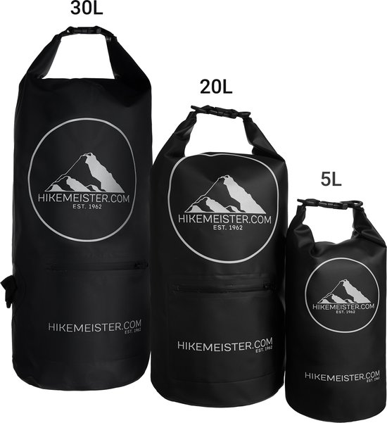 Drie zwarte waterdichte tassen van verschillende formaten (30L, 20L, 5L), elk met een wit bergen logo en tekst.