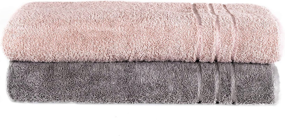 Komfortec Set van 2 Handdoeken 80x200 cm, 100% Katoen, XXL Saunahanddoeken, Saunahanddoek Zacht, Grote badstof, Sneldrogend, Antracietgrijs&Roze.