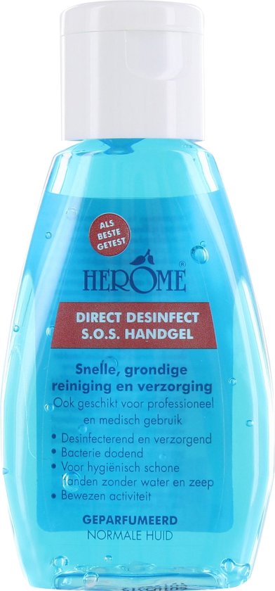 Flesje Herome Direct Desinfect S.O.S. Handgel met blauwe vloeistof op witte achtergrond.