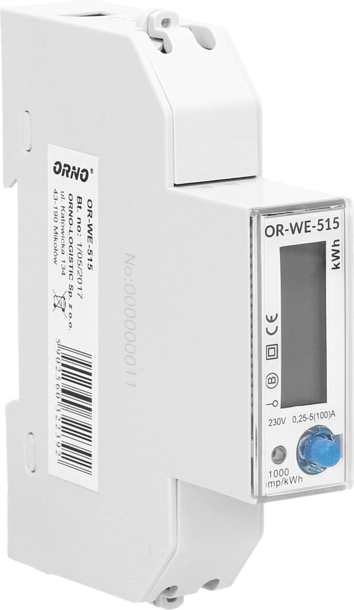 1-fase meertarief energiemeter met RS-485, 100A / 230V AC/50-60Hz, huidig: 5(100)A, pulsfrequentie: 1000 imp/kWh, signalering lezen: knipperend LCD, installatie rail: DIN TH-35mm