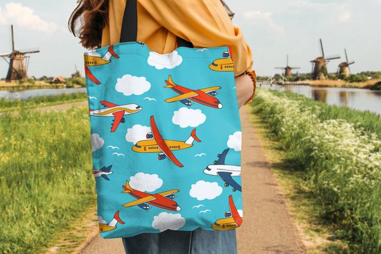 MuchoWow® Schoudertas - Strandtas - Big Shopper - Boodschappentas - Patronen - Vliegtuig - Wolk - Lucht - Jongen - Kindje - Kinderen - Kids - 40x50 cm - Katoenen tas