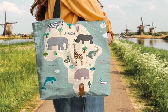 Sac bandoulière - Sac de plage - Shopper Afrique - Wereldkaart - Enfants - Animaux - 40x40 cm - Sac en coton