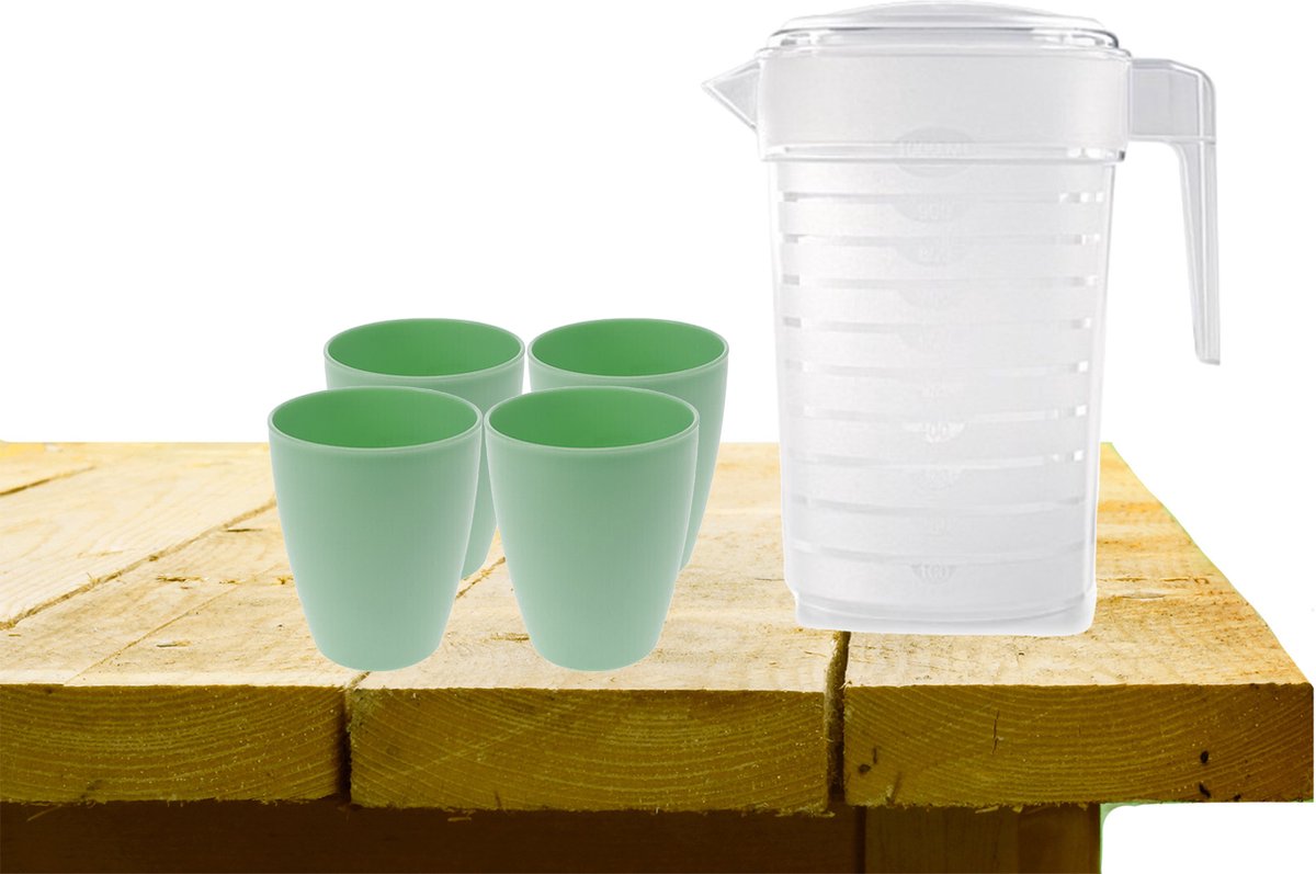 Set van 1x waterkan met deksel 1L met 4x drinkbekers kunststof groen