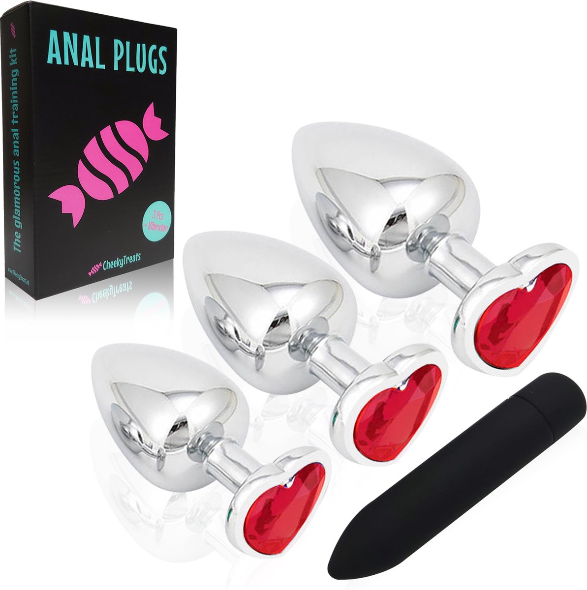 Goedkoopste CheekyTreats Metalen Buttplugs voor mannen en vrouwen - Buttplug Set 3-Delig met Vibrator - Anal & Butt Plug - Rood