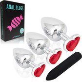 CheekyTreats Metalen Buttplugs voor mannen en vrouwen - Buttplug Set 3-Delig met Vibrator - Anal & Butt Plug - Rood