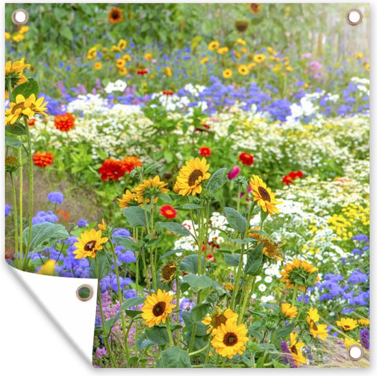 Tuinposters Siergras met verschillende bloemen - 50x50 cm - Tuindoek - Buitenposter