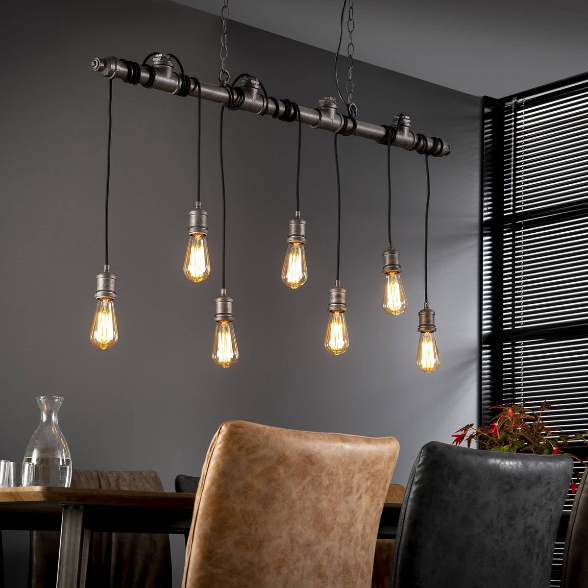 Hanglamp industrial tube wikkel | 7 lichts | oud zilver | metaal | in hoogte verstelbaar tot 150 cm | eetkamer / eettafel lamp | modern / sfeervol design