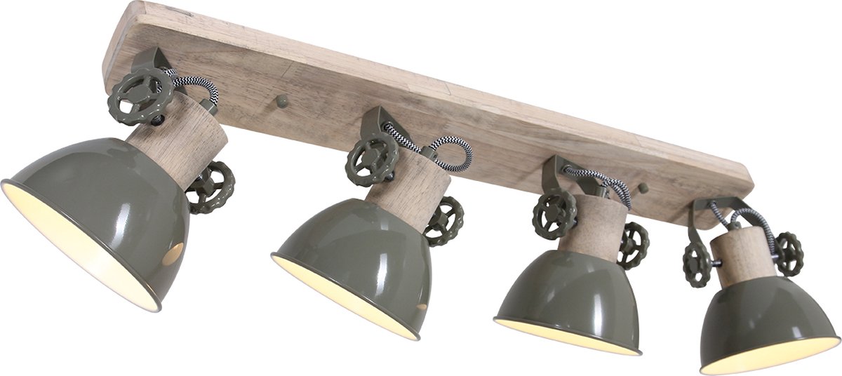 Landelijke plafondspot Gearwood | 4 lichts | bruin / groen | hout / metaal | 90 cm | eetkamer / woonkamer / slaapkamer lamp | modern / industrieel / robuust / stoer design