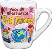 Verjaardag - Cartoon Mok - Voor de allerliefste girlfriend van de wereld - In cadeauverpakking met gekleurd lint