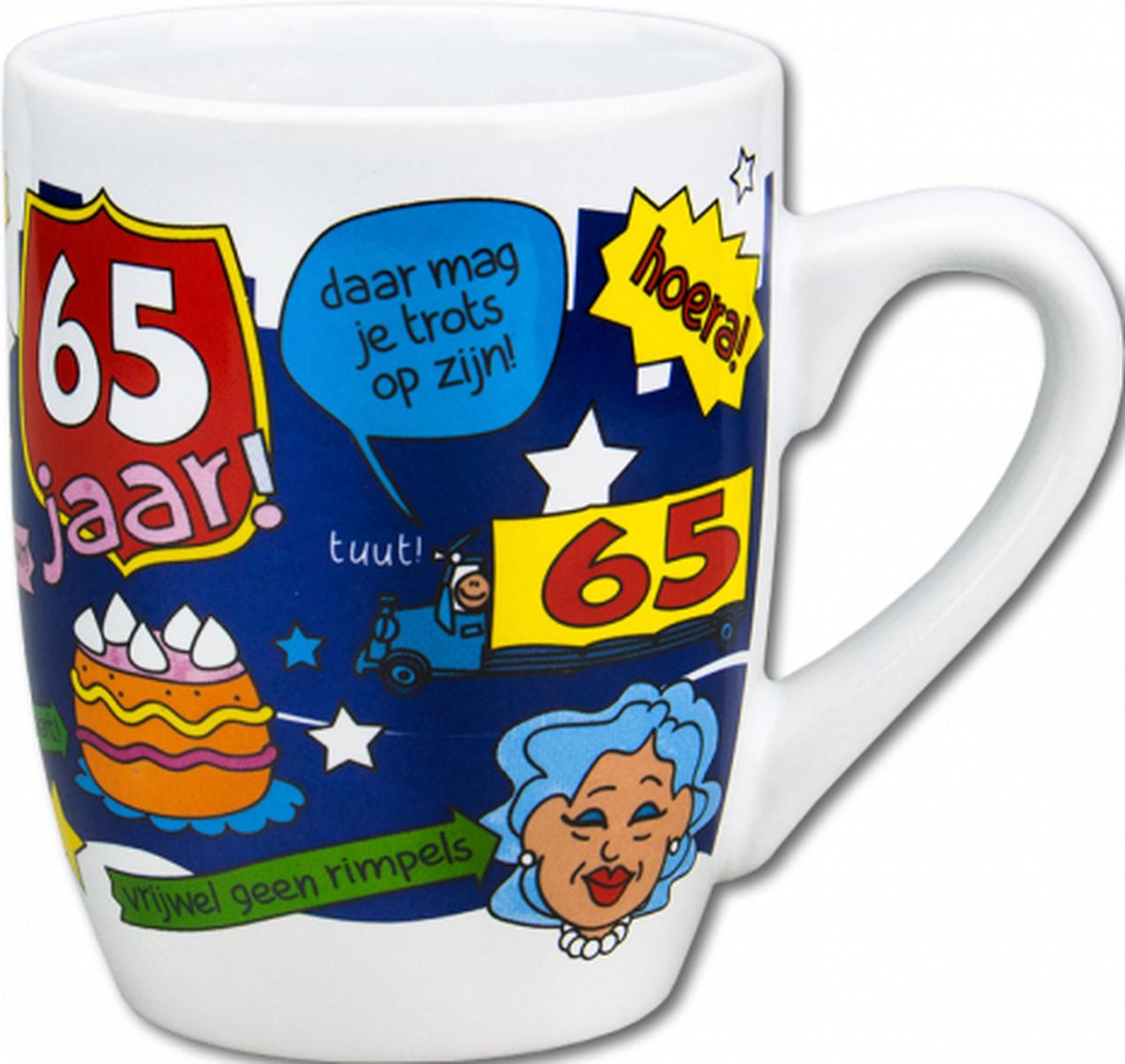 Verjaardag - Cartoon Mok - Hoera 65 jaar - Gevuld met een snoepmix - In cadeauverpakking met gekleurd lint
