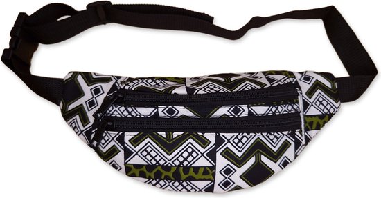 Afrikaanse print heuptasje / Fanny pack - Wit / groene bogolan - Bum bag / Festival tasje met verstelbare band