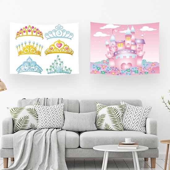 Ulticool – Wandkleed - Kasteel Kroontjes Diadeem Kinderkamer – Set van 2 designs - 73 cm x 95 cm – Schilderij Wandtapijt Stof – Poster Art – Roze Goud