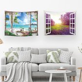 Ulticool – Wandkleed - Doorkijk Strand Zee Bloemen Lavendel Natuur - Set van 2 designs - 73 cm x 95 cm – Schilderij Wandtapijt Stof – Poster Art – Blauw Wit Lila