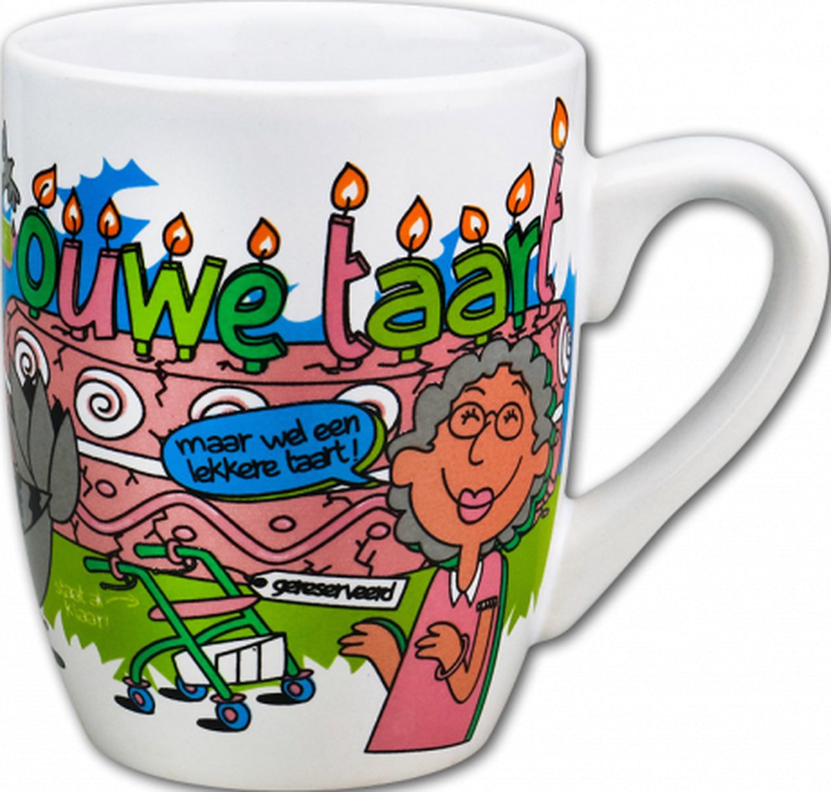Mok - Cartoon Mok - Ouwe Taart - In cadeauverpakking met gekleurd lint