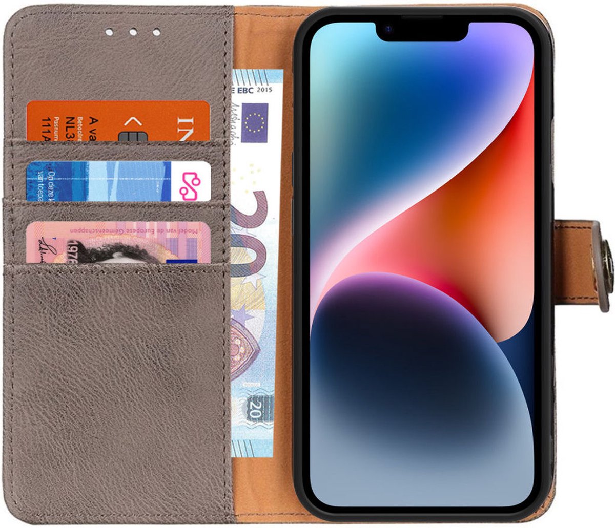 KHAZNEH Hoesje Portemonnee Book Case Kunstleer Khaki Geschikt voor Apple iPhone 14