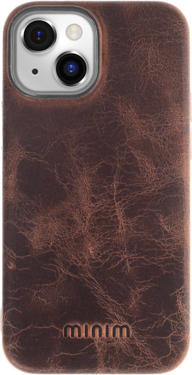 Minim Apple iPhone 14 Hoesje Echt Leer Back Cover Bruin