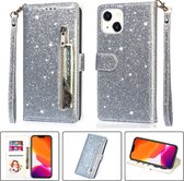 Glitter Bookcase voor Apple iPhone 14 Plus | Hoogwaardig PU Leren Hoesje | Lederen Wallet Case | Telefoonhoesje | Pasjeshouder | Zilver