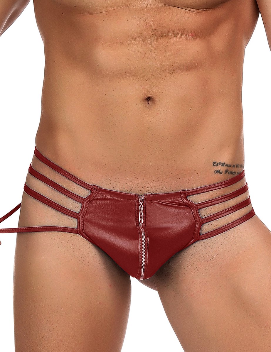 Lederen heren slip met rits en lederen touwtjes - Bordeaux - Medium - 40/42