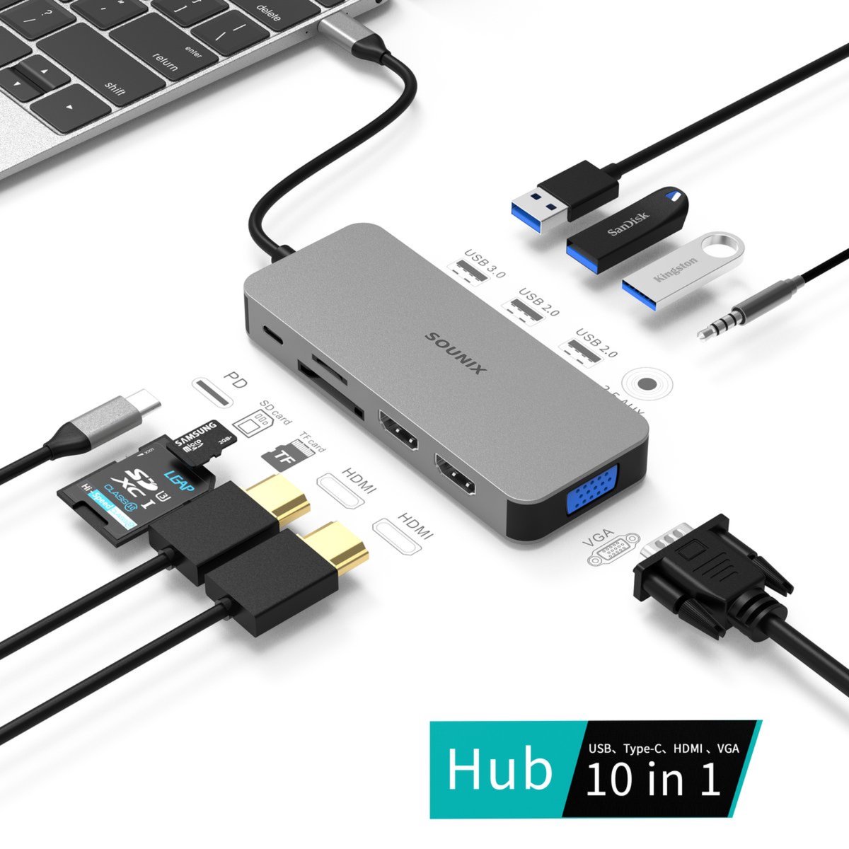 Sounix USB C docking station 10 in 1 USB C HUB Dual HDMI VGA