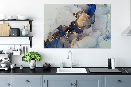 Toile Peinture Marbre - Blauw - Or - 140x90 cm - Décoration murale