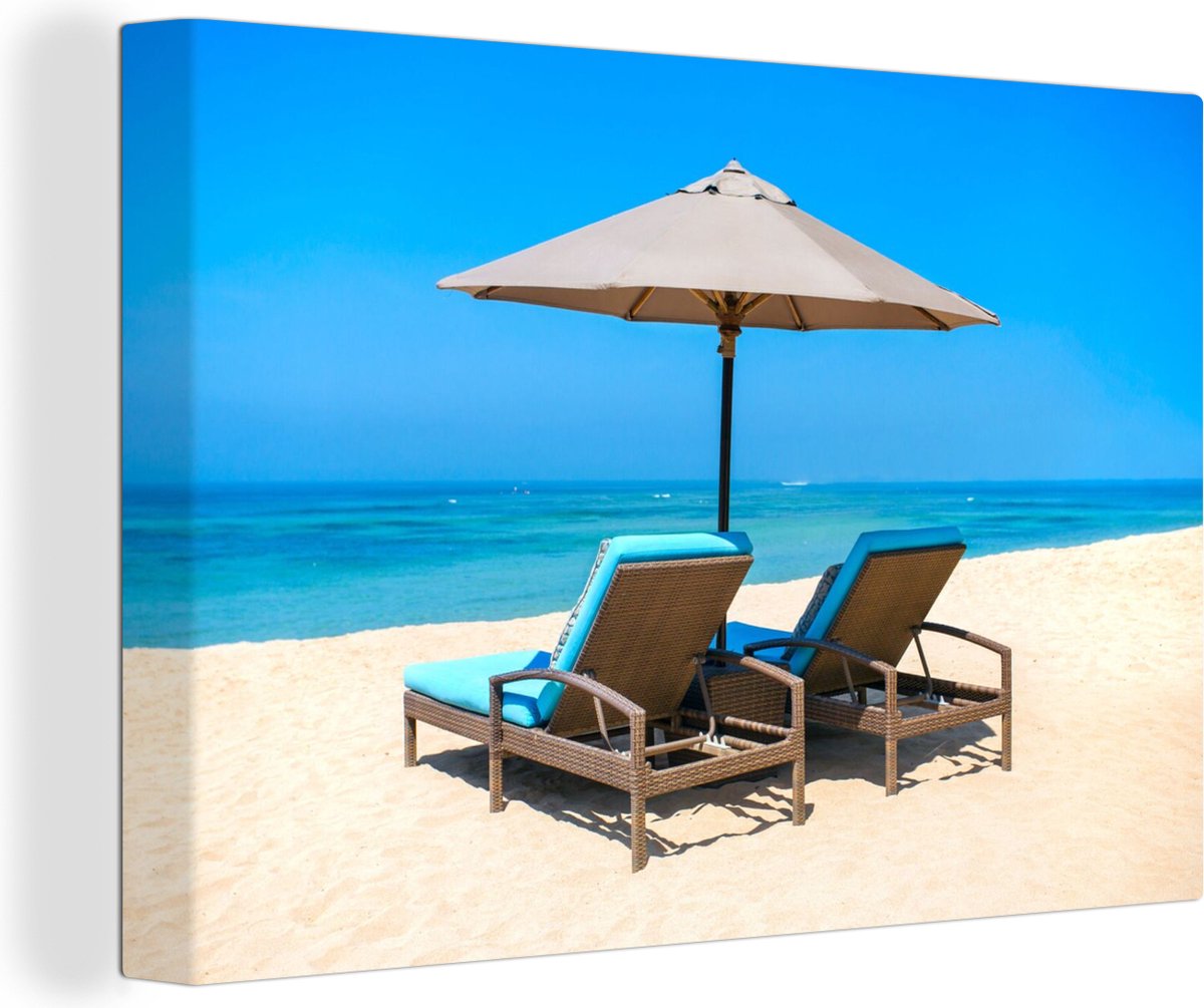 Canvas Schilderij Strandstoel - Parasol - Zomer - Zee - 90x60 cm - Wanddecoratie