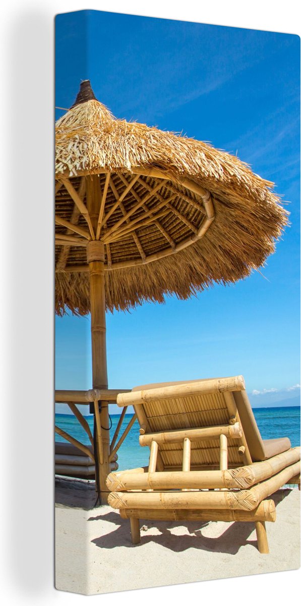 Canvas Schilderij Strandstoel - Strand - Parasol - Zee - Zomer - 40x80 cm - Wanddecoratie
