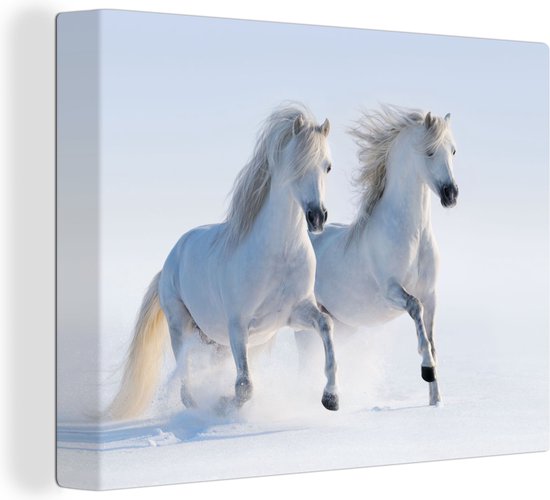 Canvas Schilderij Winter - Paarden - Sneeuw - 40x30 cm - Wanddecoratie