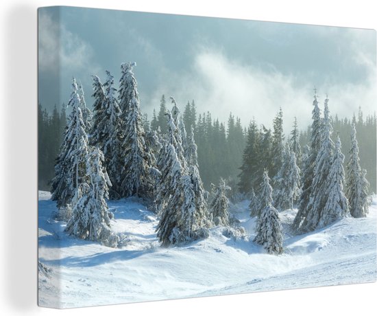 Canvas Schilderij Bos - Sneeuw - Winter - 120x80 cm - Wanddecoratie
