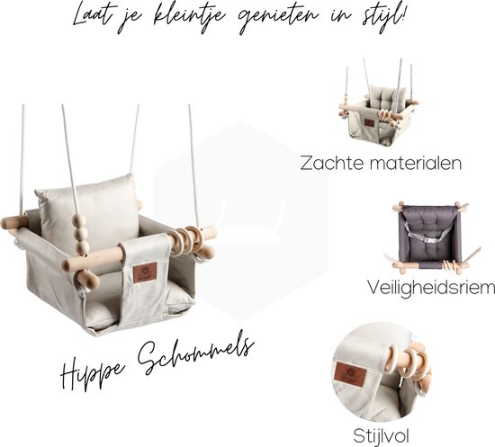Luxe Baby / Kinder Schommel voor binnen of buiten! - Baby Swing Beige - Schommelstoel inclusief Zachte Kussens, Veiligheidsriem en Bevestigingsmaterialen - Gemonteerd Verzonden! BEKEND VAN TV!