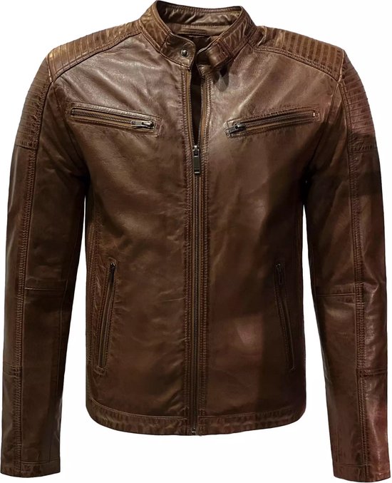 Leren heren jas met rechte rits Moderno  Cognac - L