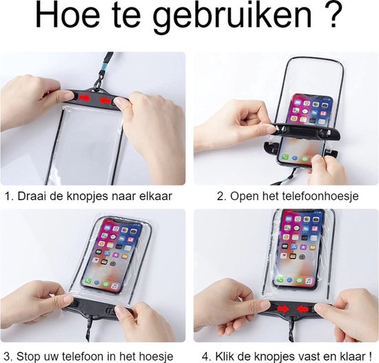 Handleiding in 4 stappen om de zwarte waterdichte telefoonhoes te gebruiken, met handen die knoppen draaien en telefoon plaatsen.