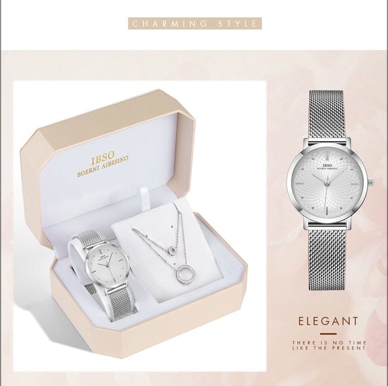 Boerni Aibisino Horloge en Ketting Zilver kleur luxe geschenk set | Crystal glass | Premium kwaliteit uurwerk Quartz Japan | Mandala | Mineraal | Geschenk | Fashion | Elegant | Dames | Vrouw |  Black Friday