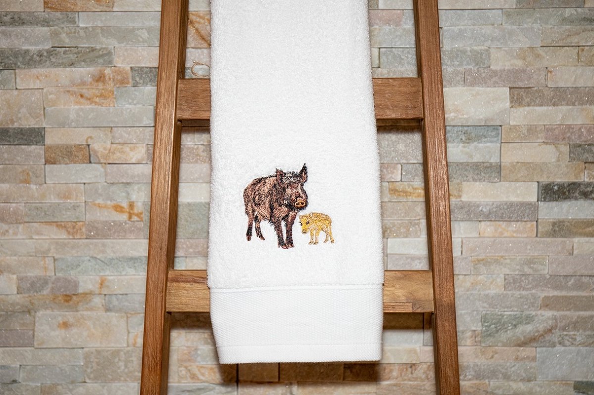 Geborduurde Handdoek - Wild Zwijn - Wit - 50 x 100cm