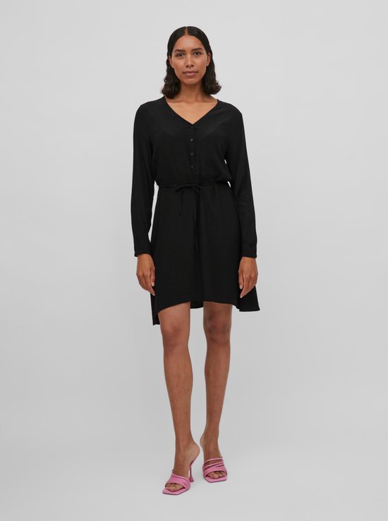 VILA VIFINI V-NECK L/ S SHORT DRESS/SU - NOOS Robe Femme Noir Solide - Taille 40