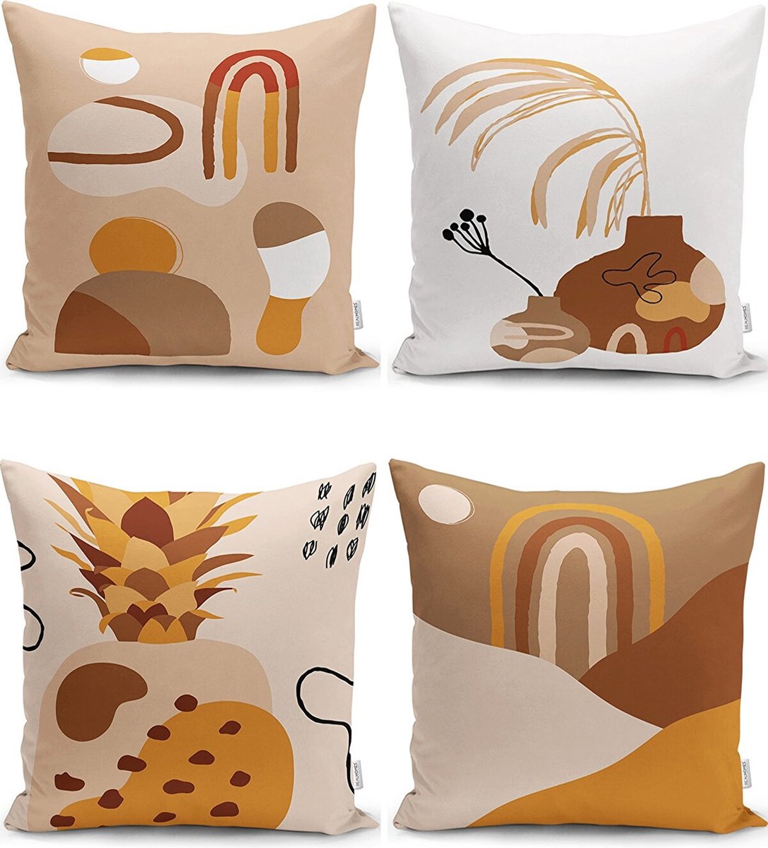 Sierkussens set van 4 stuks - INCLUSIEF BINNENKUSSENS 45x45 cm - abstract - bruin - beige - oranje - dubbelzijdig bedrukt - kussensloop - kussens woonkamer - kussenhoes