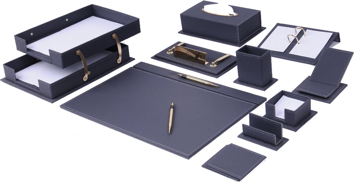 Lederen Bureauset - GRIJS - Luxe Bureau Organizer - Bureau opbergruimte - Lederen onderzetter - Bureauaccessoires - 14 Delige set