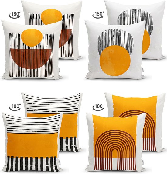 Twee sets van twee kussens. Abstracte prints in okergeel, bruin en zwart. Patronen met cirkels, lijnen en een regenboog.