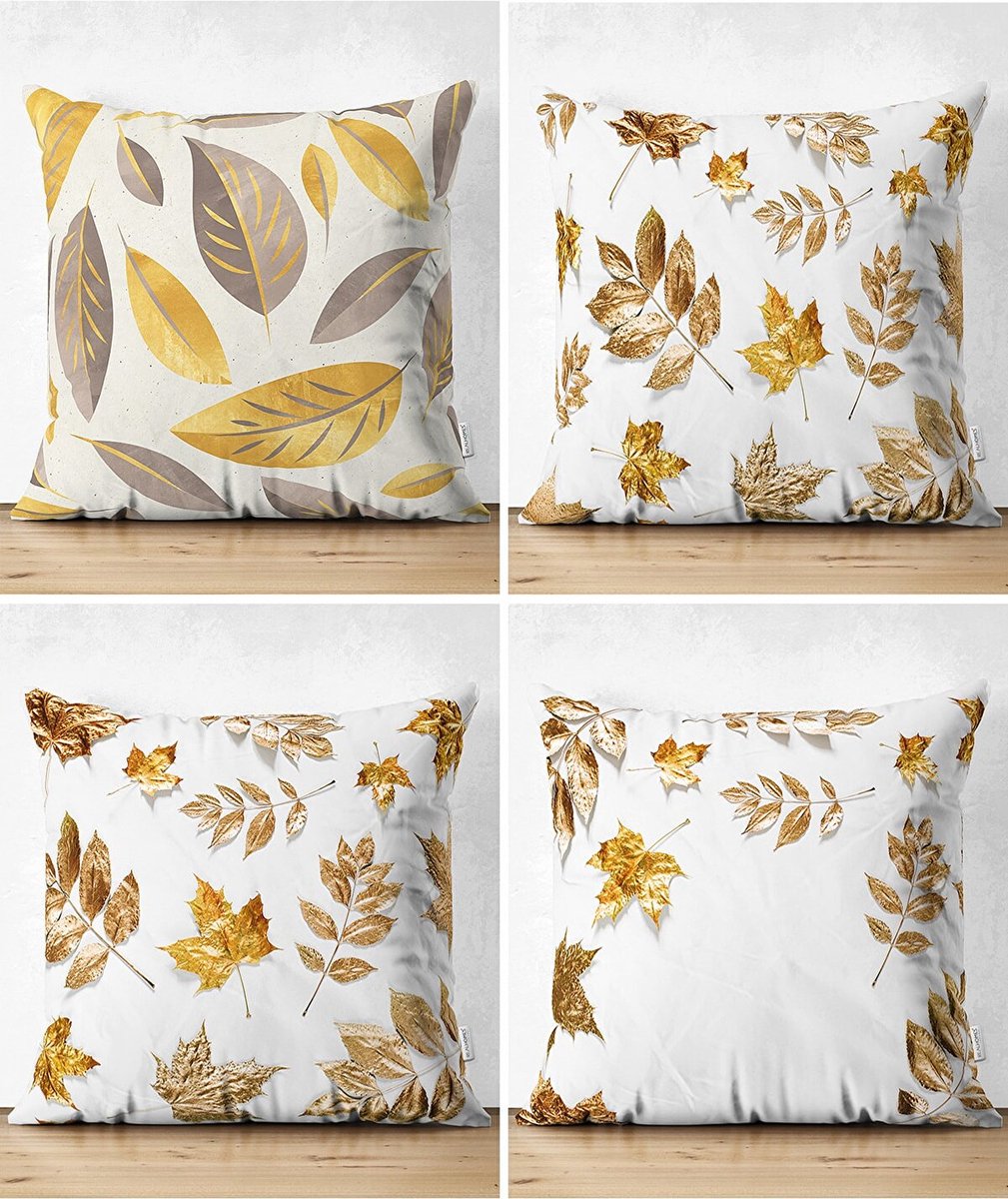 Sierkussens set van 4 stuks - INCLUSIEF BINNENKUSSENS 45x45 cm - herfst - bladen - goud - bruin - wit - dubbelzijdig bedrukt - kussensloop - kussens woonkamer - kussenhoes